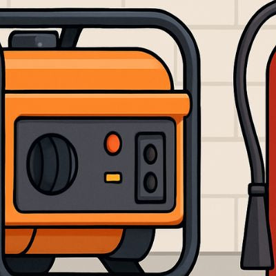 Portable generator and red fire extinguisher placed on a concrete floor against a beige brick wall, no text shown.