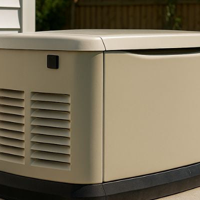 Standby generator installed beside a suburban home on a concrete pad with neat landscaping