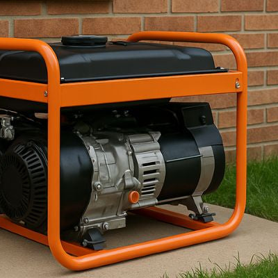 A portable generator with an orange frame placed on a concrete slab beside a brick house, surrounded by green grass on a cloudy day.