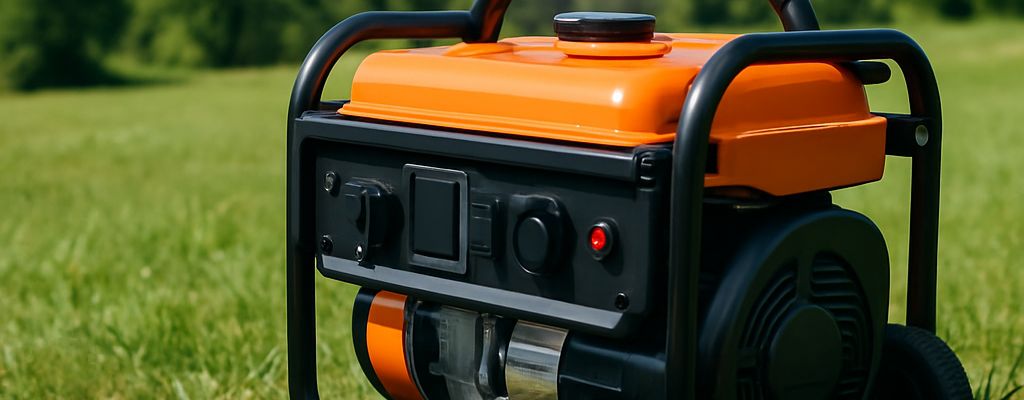 Bright orange portable generator on grass with hills and blue sky in background