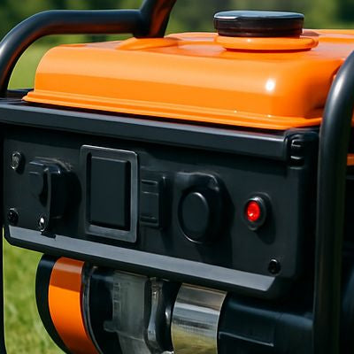 Bright orange portable generator on grass with hills and blue sky in background