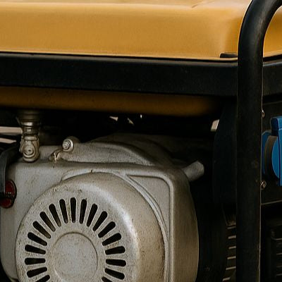 Yellow portable generator with red fuel tank resting on rough dirt, framed by greenery in the background under soft daylight