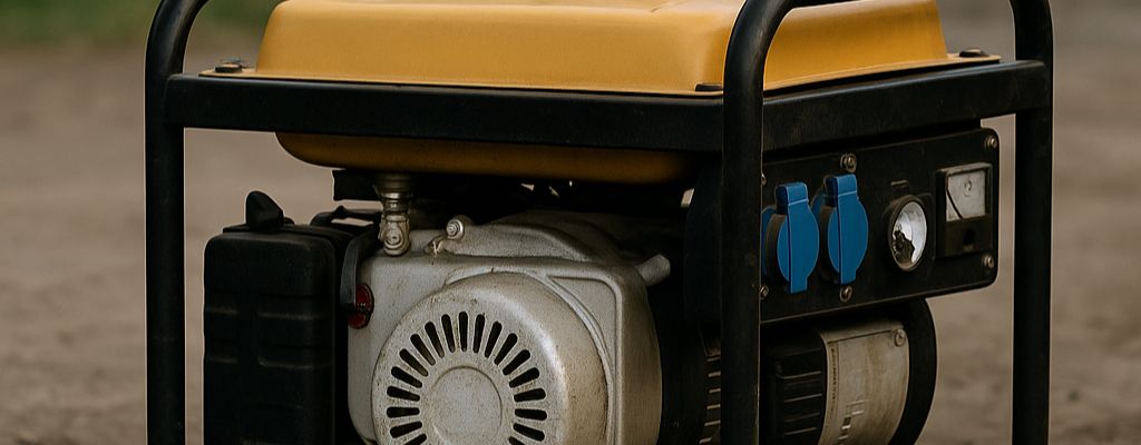 Yellow portable generator with red fuel tank resting on rough dirt, framed by greenery in the background under soft daylight