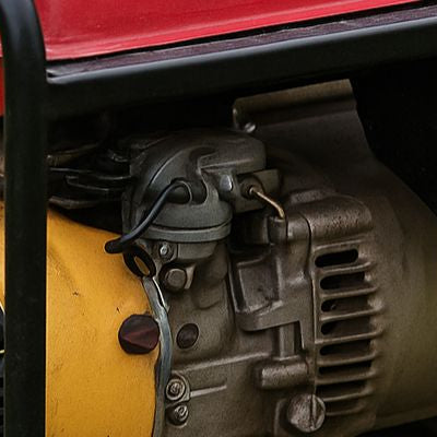 Portable generator with red tank sitting on grassy ground, no text
