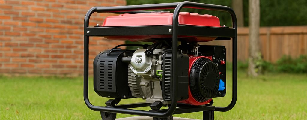 Wide-angle view of a red portable generator placed on a raised concrete platform in a grassy backyard with a brick wall and trees in the background