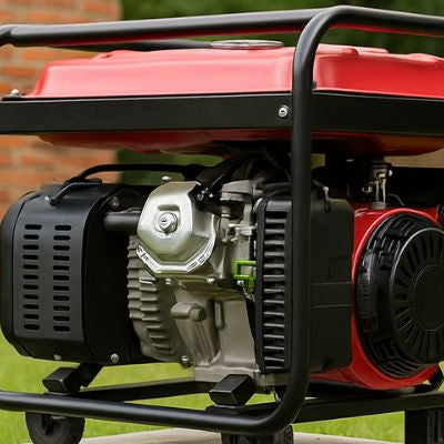 Wide-angle view of a red portable generator placed on a raised concrete platform in a grassy backyard with a brick wall and trees in the background