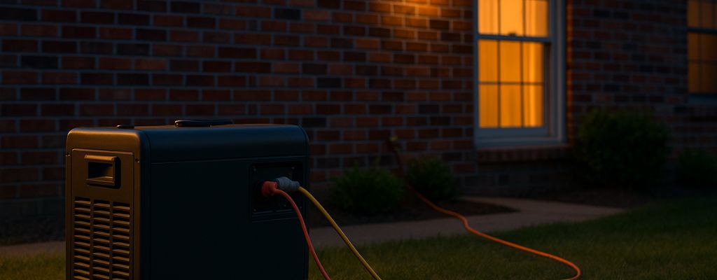 Portable generator outside a suburban home at dusk with warm glowing windows