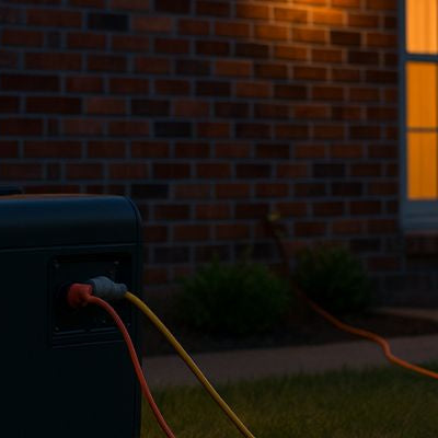 Portable generator outside a suburban home at dusk with warm glowing windows