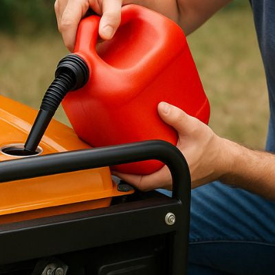 A man refuelling a portable generator with a red fuel can on grass