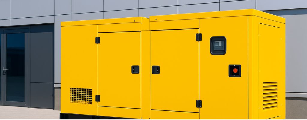 Bright yellow commercial generator outside a modern grey building