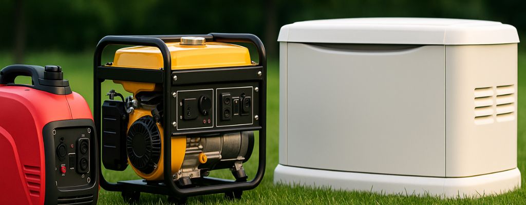 Three types of generators—portable, petrol, and standby—displayed on grass with blurred greenery in the background.