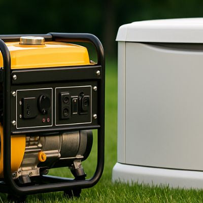 Three types of generators—portable, petrol, and standby—displayed on grass with blurred greenery in the background.