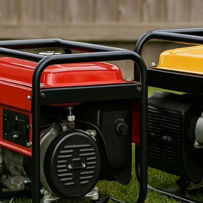 Three different coloured portable generators on green grass in front of a timber fence.