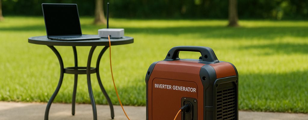 Inverter generator running safely on a backyard patio with laptop table and green lawn in background