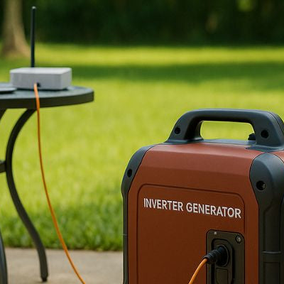 Inverter generator running safely on a backyard patio with laptop table and green lawn in background