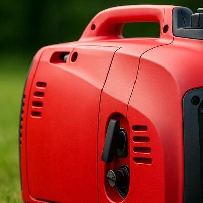 Red inverter generator placed on grass with a forest backdrop, captured in soft daylight.
