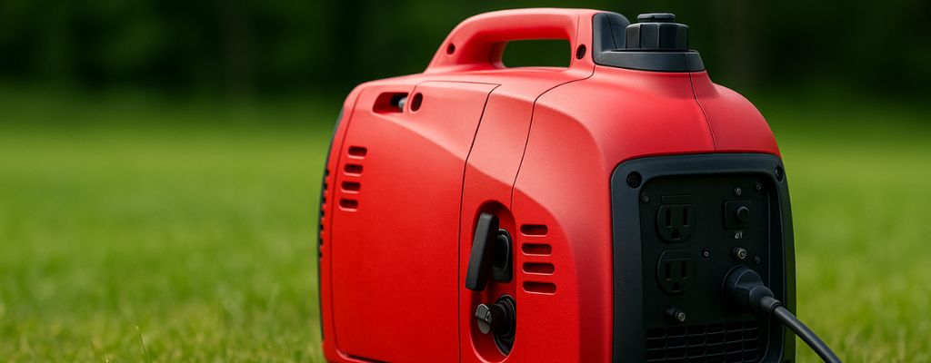 Red inverter generator placed on grass with a forest backdrop, captured in soft daylight.