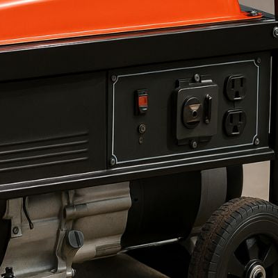 A portable gas-powered generator on a concrete surface with an orange fuel tank and black frame, positioned outdoors with a plain background.