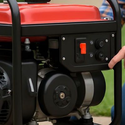 A person starting a portable generator on a concrete surface with grass and trees in the background.