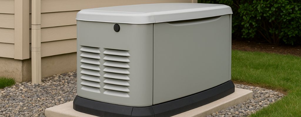 Standby generator on concrete pad beside beige house with gravel and greenery