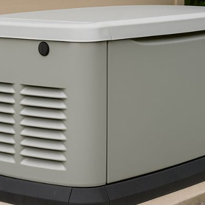 Standby generator on concrete pad beside beige house with gravel and greenery