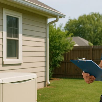 Standby generator beside a home at dusk, clean cover image with soft lighting