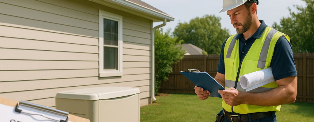 Standby generator beside a home at dusk, clean cover image with soft lighting