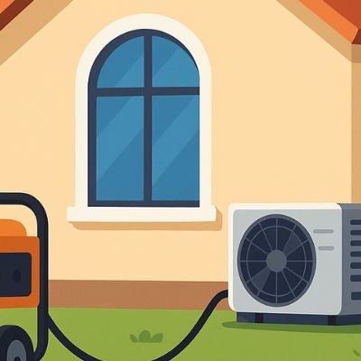 Illustration of a suburban house with a portable generator powering an outdoor air conditioner under clear skies