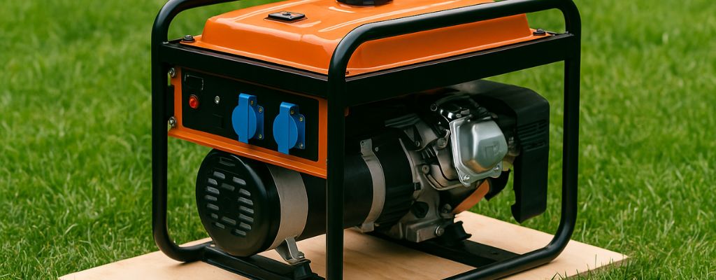 Portable generator on plywood placed on grass without any text overlay