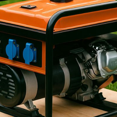 Portable generator on plywood placed on grass without any text overlay