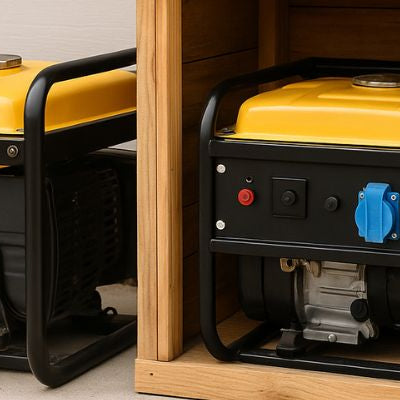 Portable generator beside a wooden shelter against a light-coloured wall