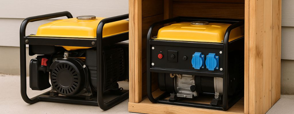 Portable generator beside a wooden shelter against a light-coloured wall