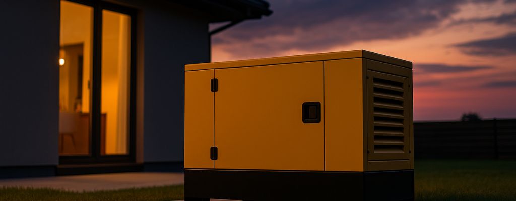 Standby yellow generator on a concrete pad beside a modern house at dusk