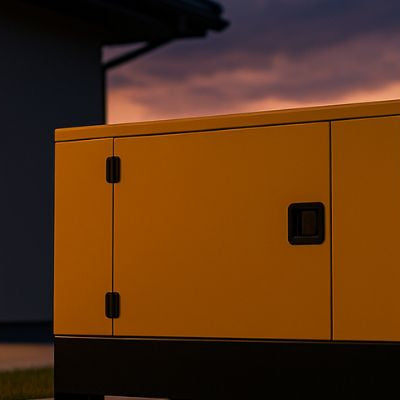 Standby yellow generator on a concrete pad beside a modern house at dusk