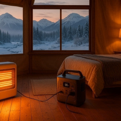 Cozy cabin with space heater powered by portable power station