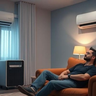 An indoor setting showing a comfortable, cool environment with air conditioning
