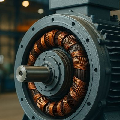 Industrial DC generator displayed inside a factory, suitable as a cover image.