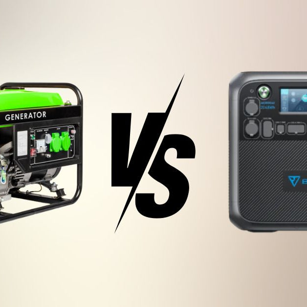 Side-by-side comparison of a portable generator and a portable power station, highlighting differences in design, functionality, and power source.