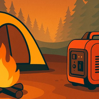 Camping scene at twilight with a tent, campfire, and inverter generator in the forest.