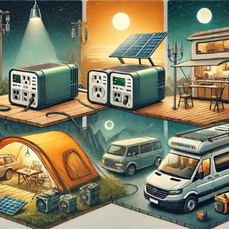A visually distinct collage illustrating four different portable power station charging methods: indoor wall outlet use, solar charging at a campsite, a van life setup, and generator backup for emergencies.
