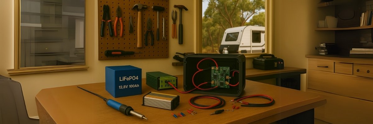 DIY portable power station mid-build on workbench with caravan visible through window