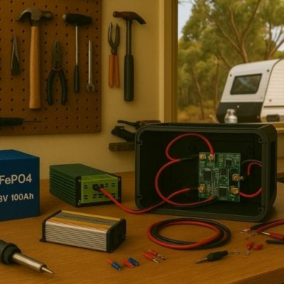 DIY portable power station mid-build on workbench with caravan visible through window