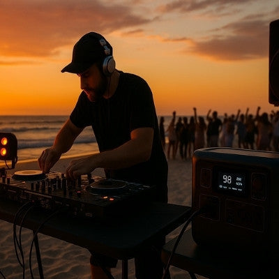 Outdoor DJ setup at sunset with portable power station and dancing crowd