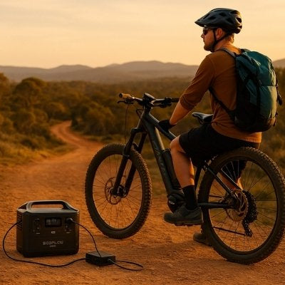 E-bike charging with EcoFlow on remote Australian dirt trail