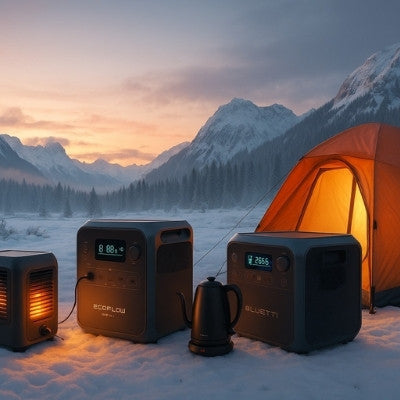 EcoFlow and Bluetti powering tent and heater in snowy Australian landscape