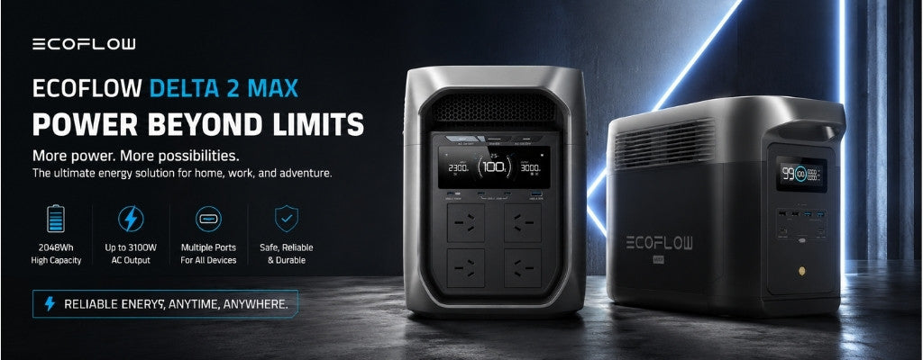 Dark tech-style banner featuring EcoFlow DELTA 2 Max portable power stations with neon lighting.