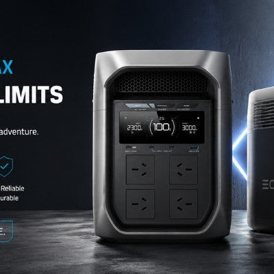 Dark tech-style banner featuring EcoFlow DELTA 2 Max portable power stations with neon lighting.