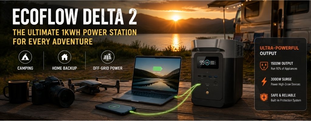 EcoFlow Delta 2 portable power station powering devices at a lakeside campsite during sunset with caravan and off-grid setup in the background.