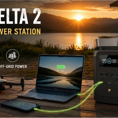 EcoFlow Delta 2 portable power station powering devices at a lakeside campsite during sunset with caravan and off-grid setup in the background.