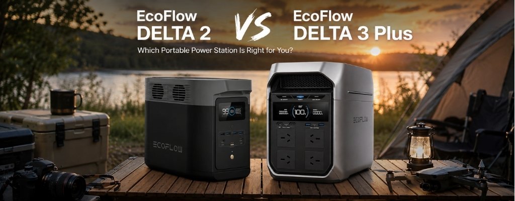 EcoFlow Delta 2 and Delta 3 Plus Portable Power Stations displayed on a camping table beside a lake at sunset during an off-grid outdoor setup.